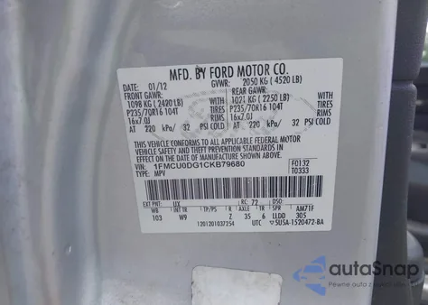 2012 Ford Escape Xlt z USA, uszkodzony, nr VIN 1FMCU0DG1CKB79680